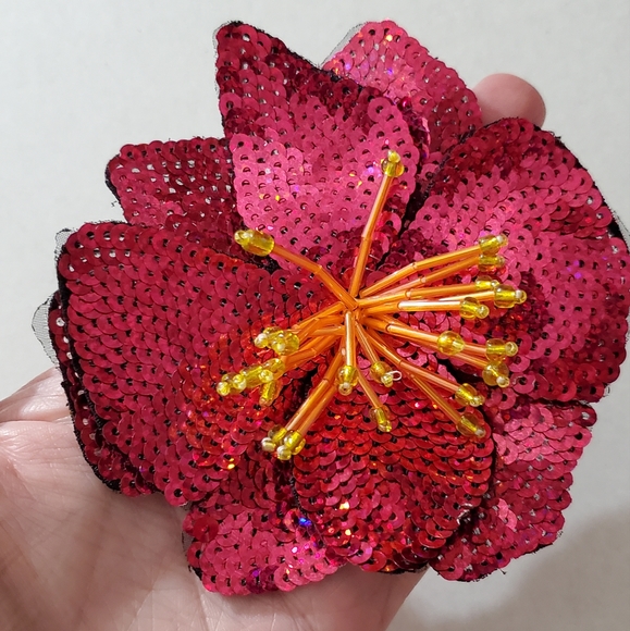 3D hibiscus beaded applique flower sew on iron on patch sequins tropical hot pnk - Picture 7 of 11